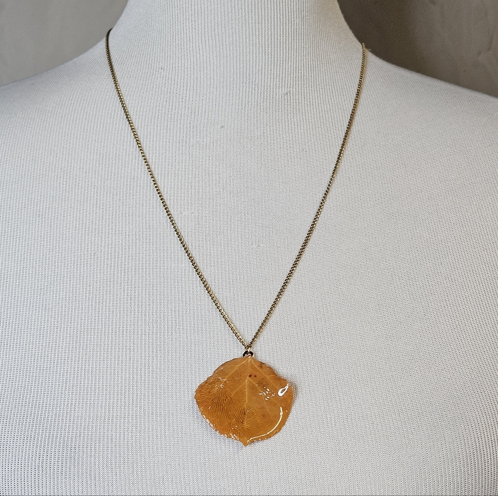 Vintage 1980's Preserved Autumn Gold Yellow Aspen Leaf Pendant